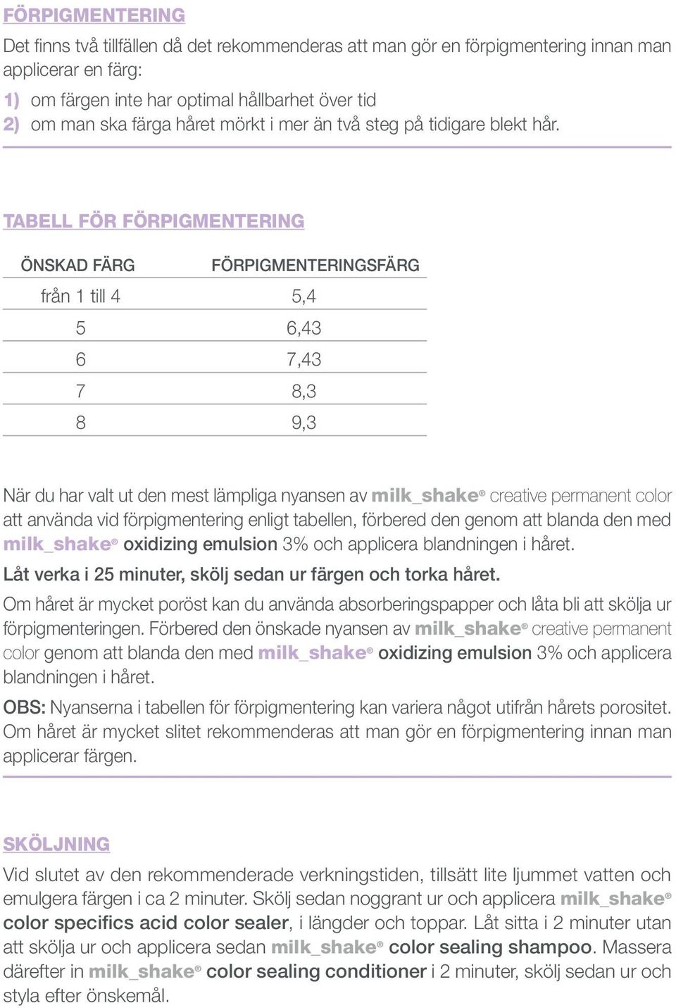 TABELL FÖR FÖRPIGMENTERING ÖNSKAD FÄRG FÖRPIGMENTERINGSFÄRG från 1 till 4 5,4 5 6,43 6 7,43 7 8,3 8 9,3 När du har valt ut den mest lämpliga nyansen av milk_shake creative permanent color att använda