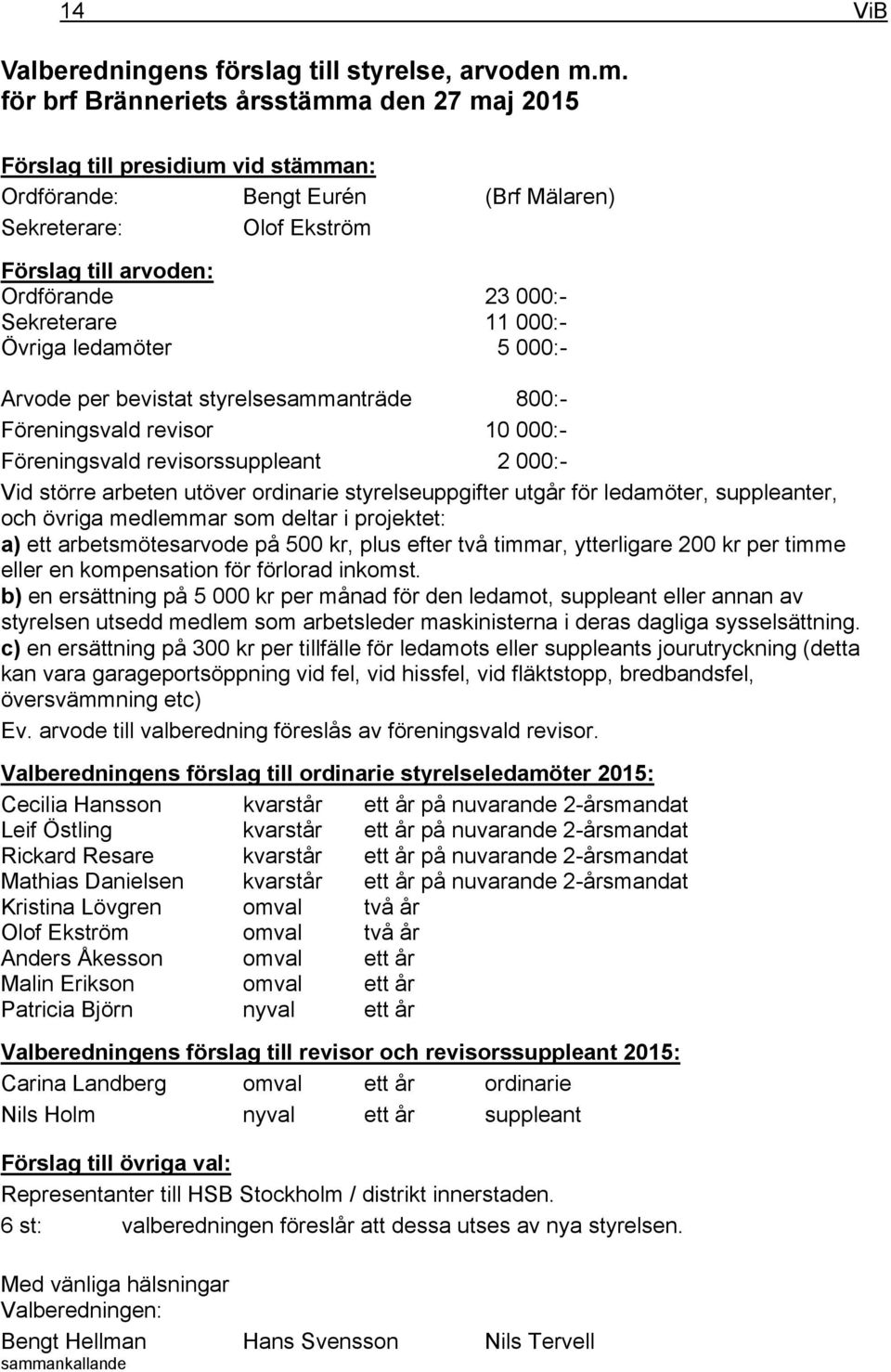 Sekreterare 11 000:- Övriga ledamöter 5 000:- Arvode per bevistat styrelsesammanträde 800:- Föreningsvald revisor 10 000:- Föreningsvald revisorssuppleant 2 000:- Vid större arbeten utöver ordinarie