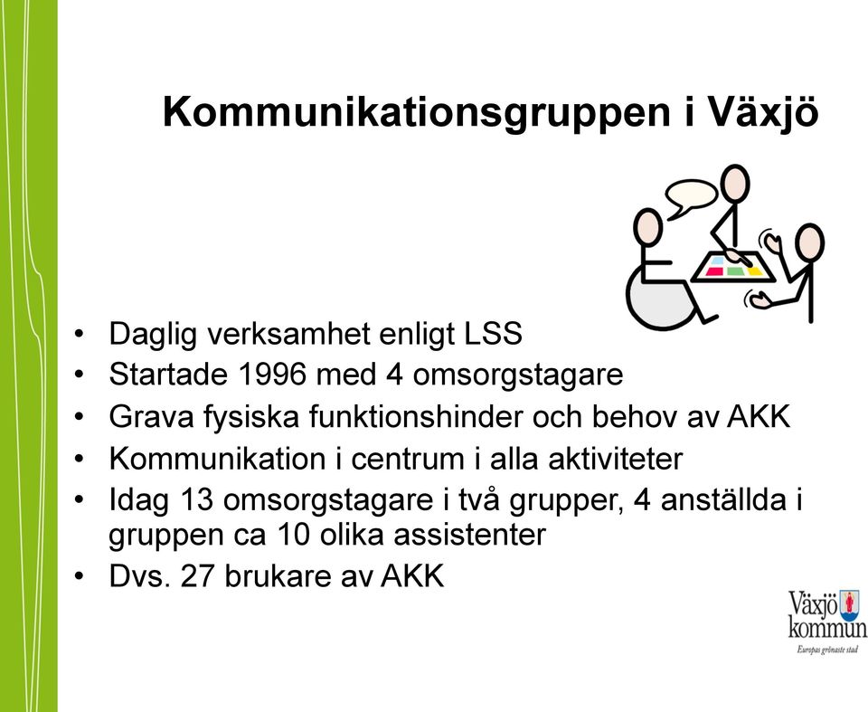 Kommunikation i centrum i alla aktiviteter Idag 13 omsorgstagare i två