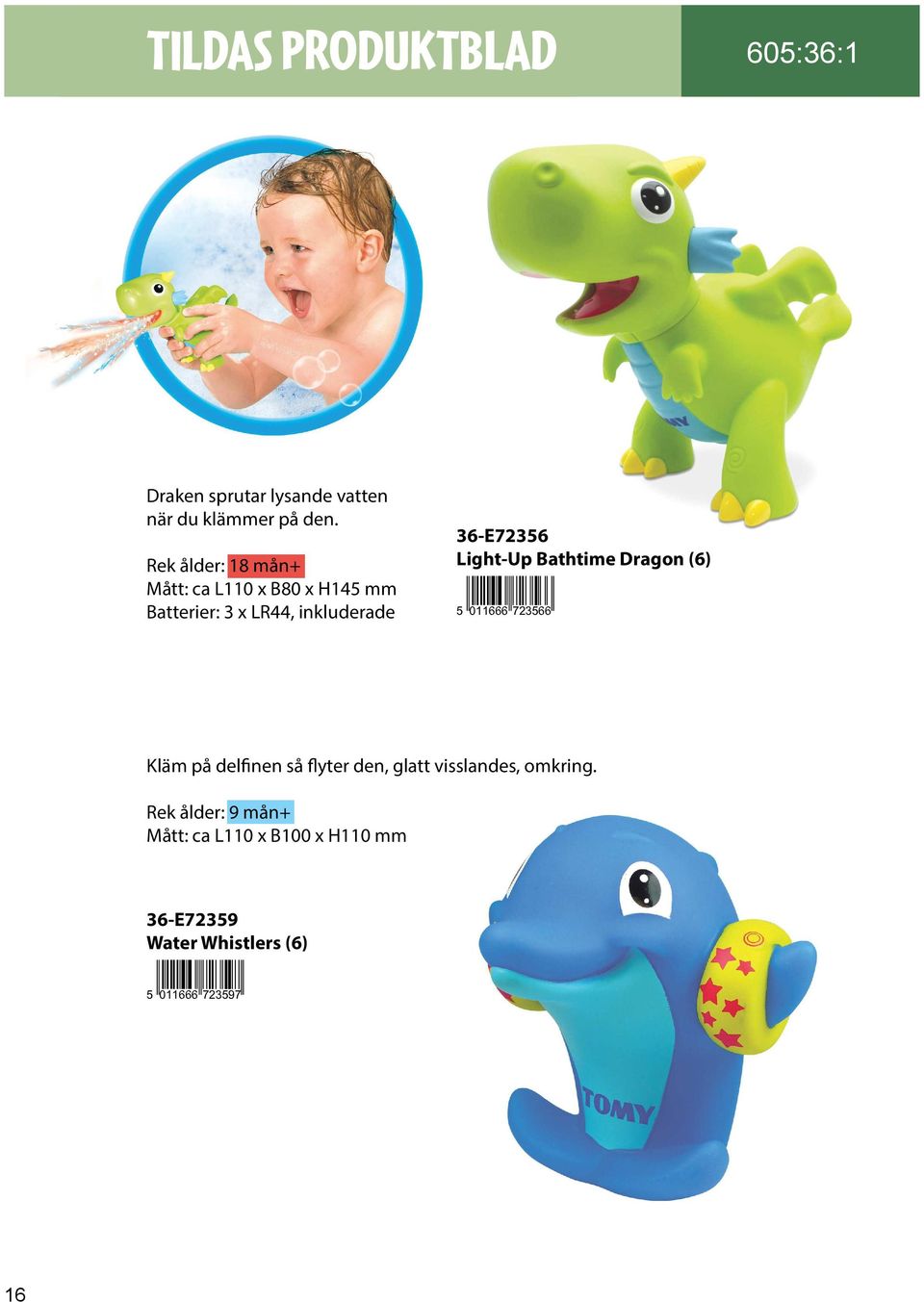 inkluderade 36-E72356 Light-Up Bathtime Dragon (6) Kläm på delfinen så flyter