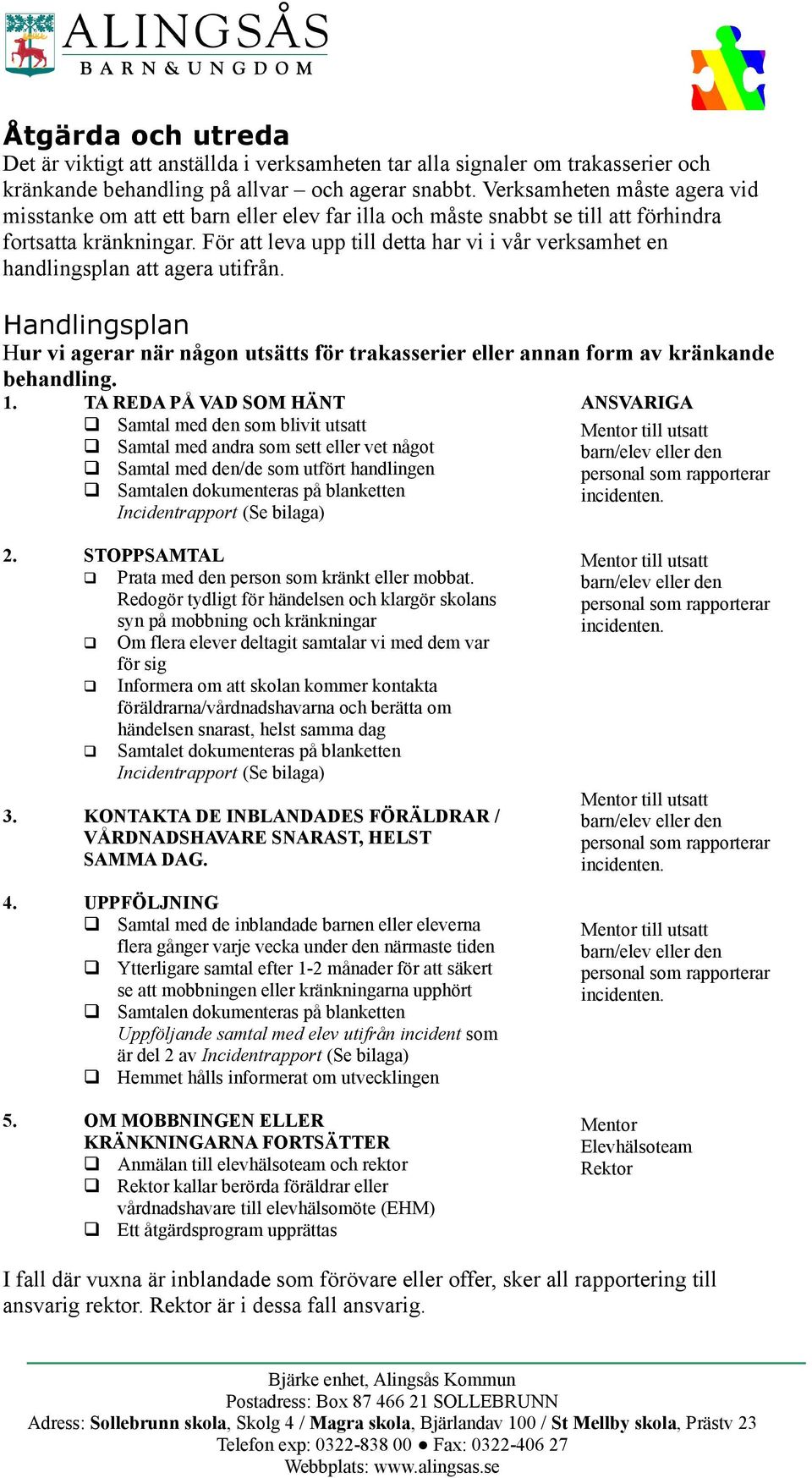 För att leva upp till detta har vi i vår verksamhet en handlingsplan att agera utifrån. Handlingsplan Hur vi agerar när någon utsätts för trakasserier eller annan form av kränkande behandling. 1.