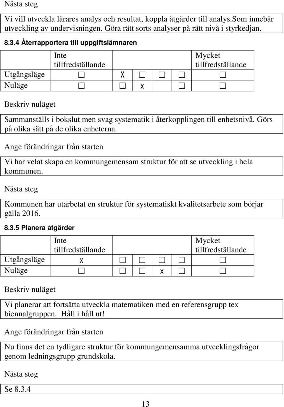 Vi har velat skapa en kommungemensam struktur för att se utveckling i hela kommunen. Kommunen har utarbetat en struktur för systematiskt kvalitetsarbete som börjar gälla 2016. 8.3.