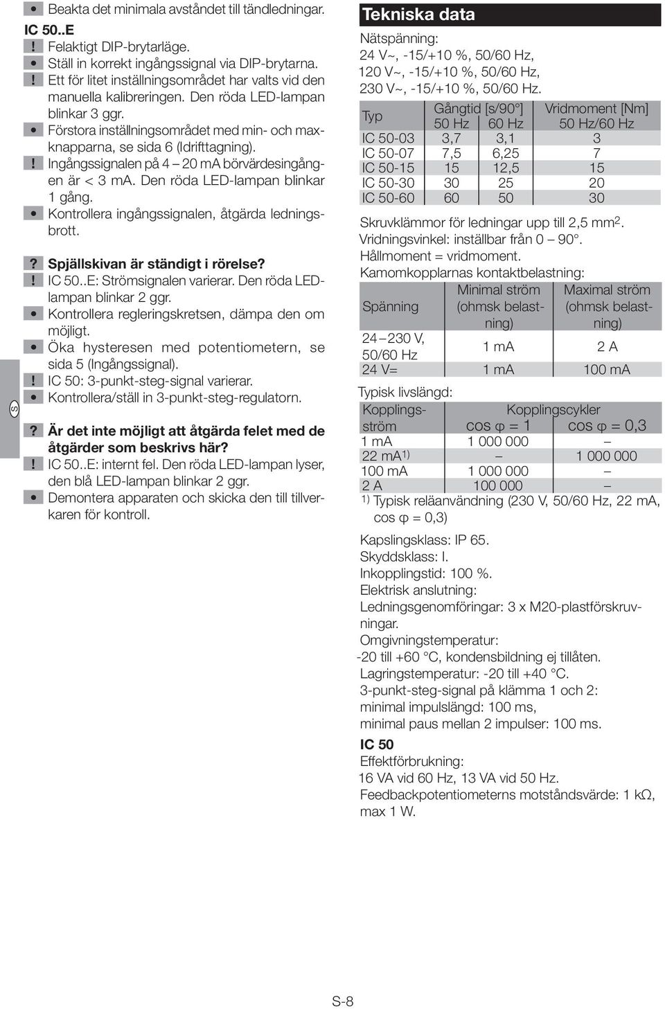 ! Ingångssignalen på 4 20 ma börvärdesingången är < 3 ma. Den röda LED-lampan blinkar 1 gång. Kontrollera ingångssignalen, åtgärda ledningsbrott.? pjällskivan är ständigt i rörelse?! IC 50.