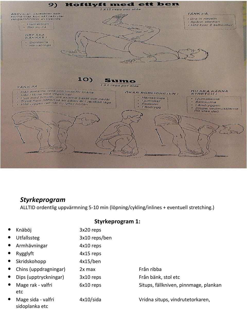 (upptryckningar) Mage rak - valfri etc Mage sida - valfri sidoplanka etc 3x20 reps 3x10 reps/ben 4x10 reps 4x15