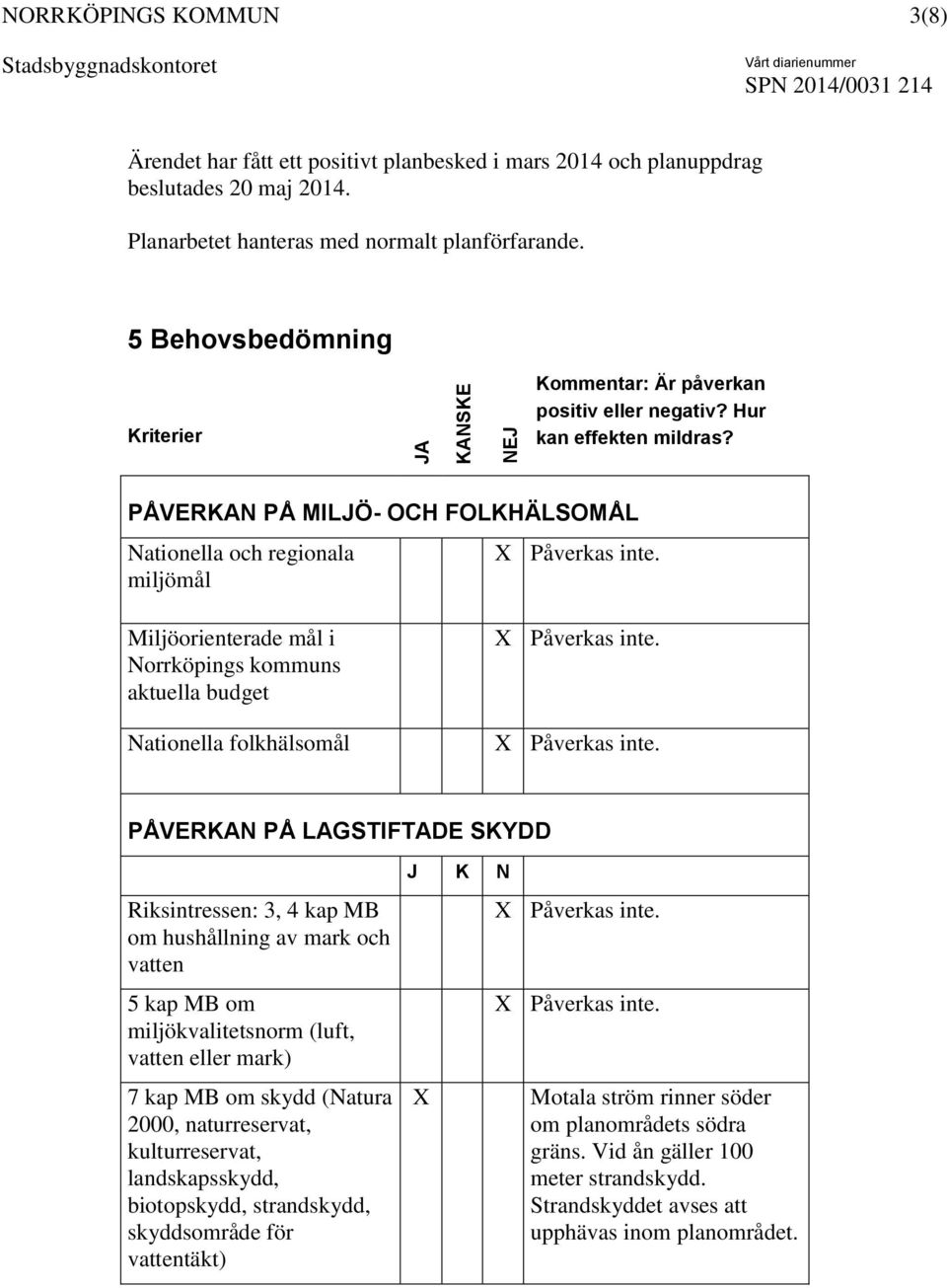 PÅVERKAN PÅ MILJÖ- OCH FOLKHÄLSOMÅL Nationella och regionala miljömål Miljöorienterade mål i Norrköpings kommuns aktuella budget Nationella folkhälsomål PÅVERKAN PÅ LAGSTIFTADE SKYDD Riksintressen: