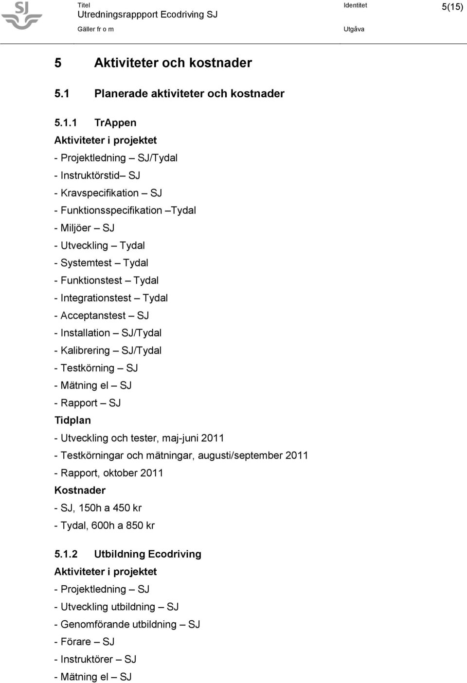 Planerade aktiviteter och kostnader 5.1.