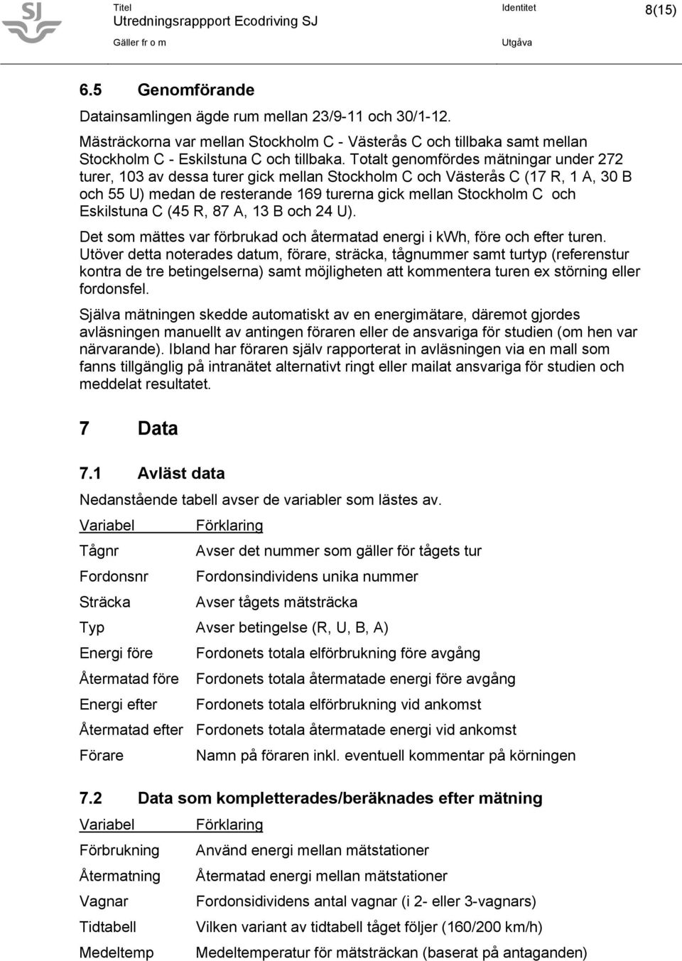 Eskilstuna C (45 R, 87 A, 13 B och 24 U). Det som mättes var förbrukad och återmatad energi i kwh, före och efter turen.