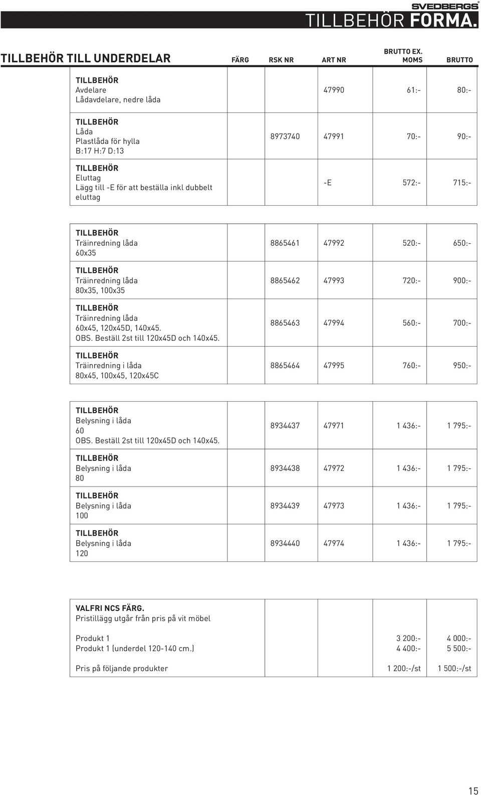 70:- 90:- -E 572:- 715:- TILLBEHÖR Träinredning låda 60x35 TILLBEHÖR Träinredning låda 80x35, 100x35 TILLBEHÖR Träinredning låda 60x45, 120x45D, 140x45. OBS. Beställ 2st till 120x45D och 140x45.