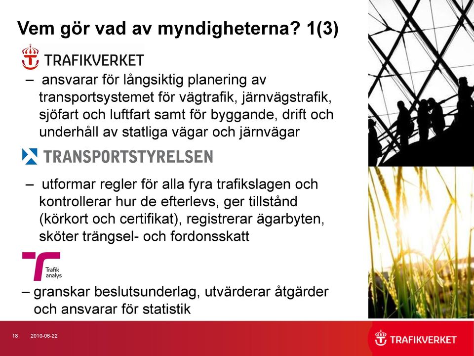 för byggande, drift och underhåll av statliga vägar och järnvägar utformar regler för alla fyra trafikslagen och