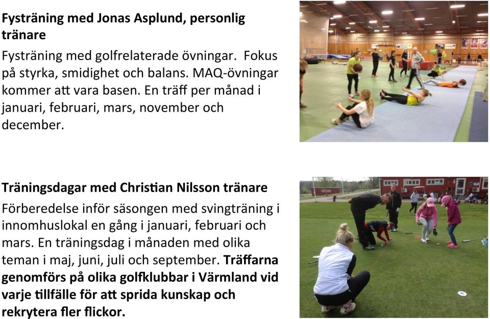 Träningsdagar med Chris=an Nilsson tränare Förberedelse inför säsongen med svingträning i innomhuslokal en gång i januari, februari och mars.