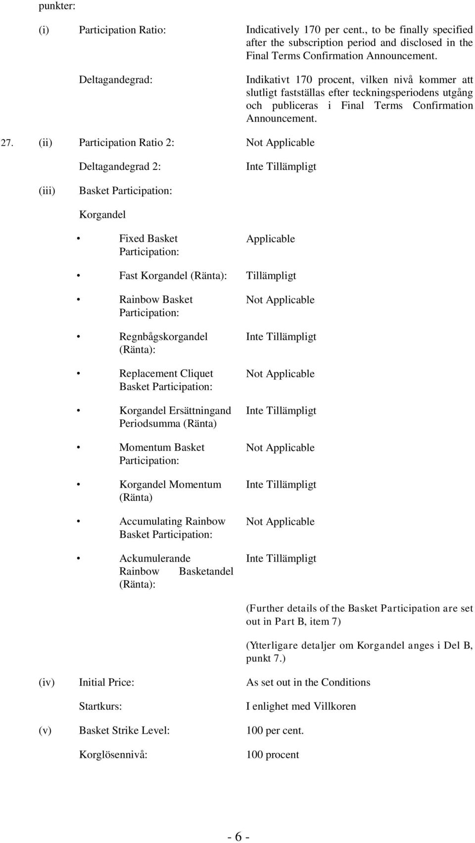 (ii) Participation Ratio 2: Not Applicable Deltagandegrad 2: (iii) Basket Participation: Korgandel Fixed Basket Participation: Applicable Fast Korgandel (Ränta): Tillämpligt Rainbow Basket