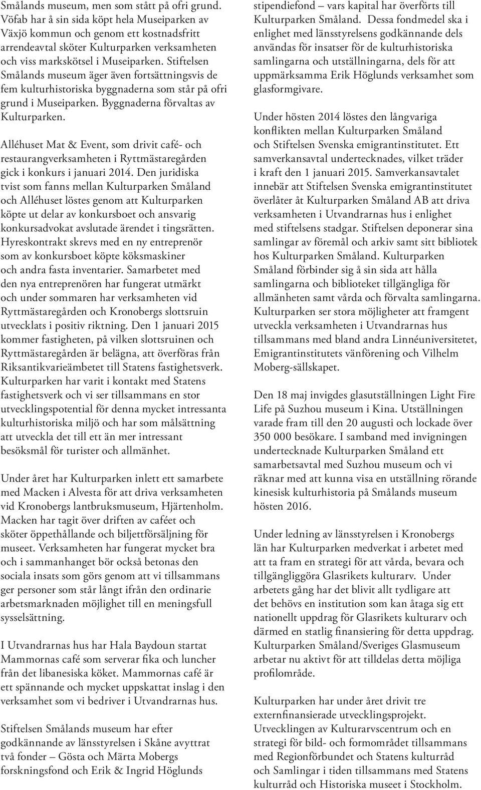 Stiftelsen Smålands museum äger även fortsättningsvis de fem kulturhistoriska byggnaderna som står på ofri grund i Museiparken. Byggnaderna förvaltas av Kulturparken.