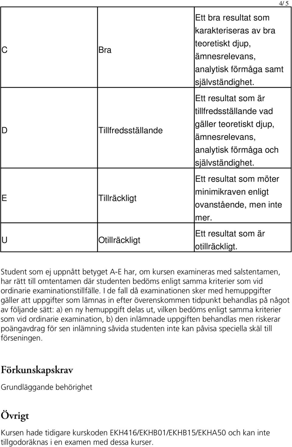 4/ 5 Student som ej uppnått betyget A-E har, om kursen examineras med salstentamen, har rätt till omtentamen där studenten bedöms enligt samma kriterier som vid ordinarie examinationstillfälle.