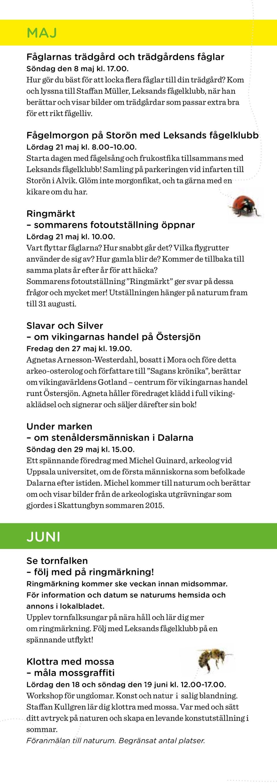 Fågelmorgon på Storön med Leksands fågelklubb Lördag 21 maj kl. 8.00 10.00. Starta dagen med fågelsång och frukostfika tillsammans med Leksands fågelklubb!