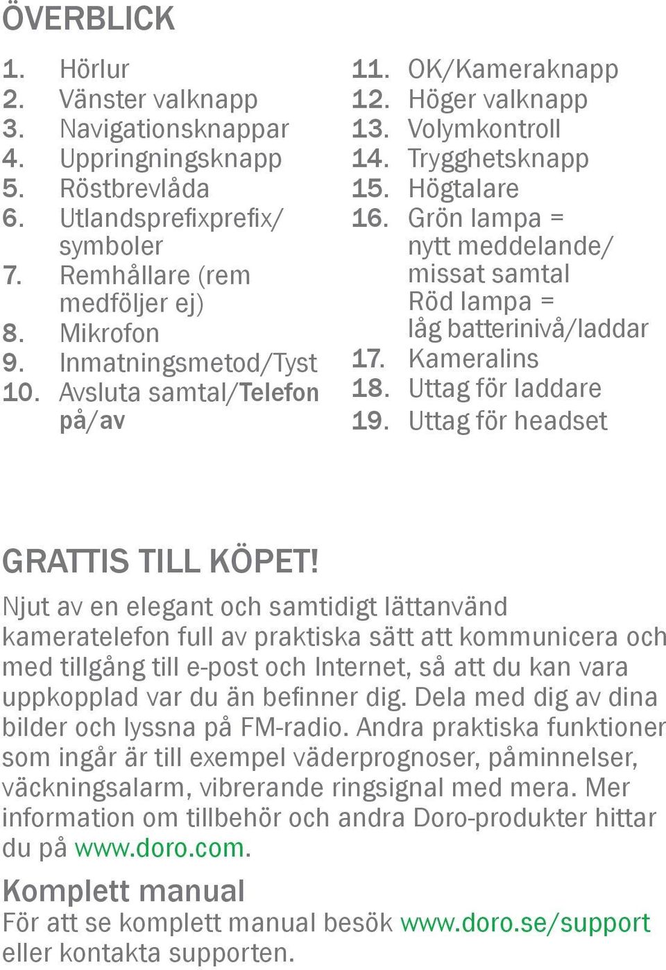 Grön lampa = nytt meddelande/ missat samtal Röd lampa = låg batterinivå/laddar 17. Kameralins 18. Uttag för laddare 19. Uttag för headset GRATTIS TILL KÖPET!