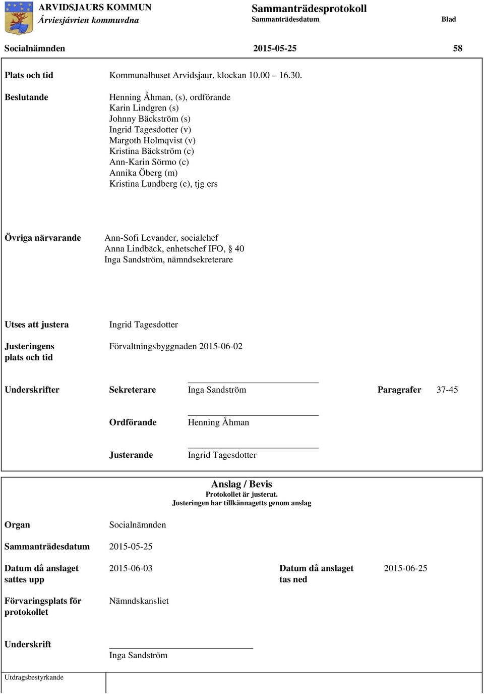 Lundberg (c), tjg ers Övriga närvarande Ann-Sofi Levander, socialchef Anna Lindbäck, enhetschef IFO, 40 Inga Sandström, nämndsekreterare Utses att justera Ingrid Tagesdotter Justeringens