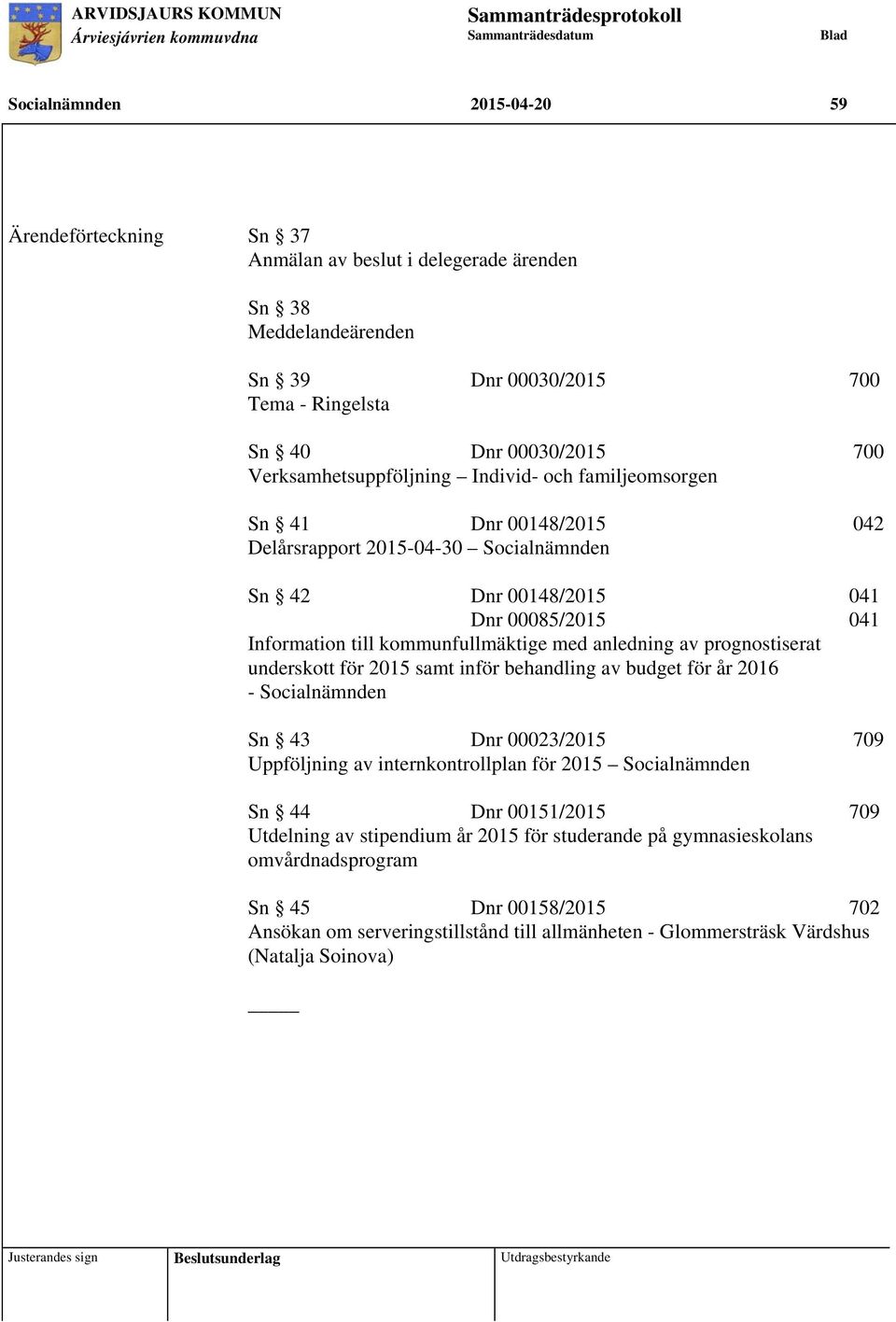 041 Information till kommunfullmäktige med anledning av prognostiserat underskott för 2015 samt inför behandling av budget för år 2016 - Sn 43 Dnr 00023/2015 709 Uppföljning av internkontrollplan för