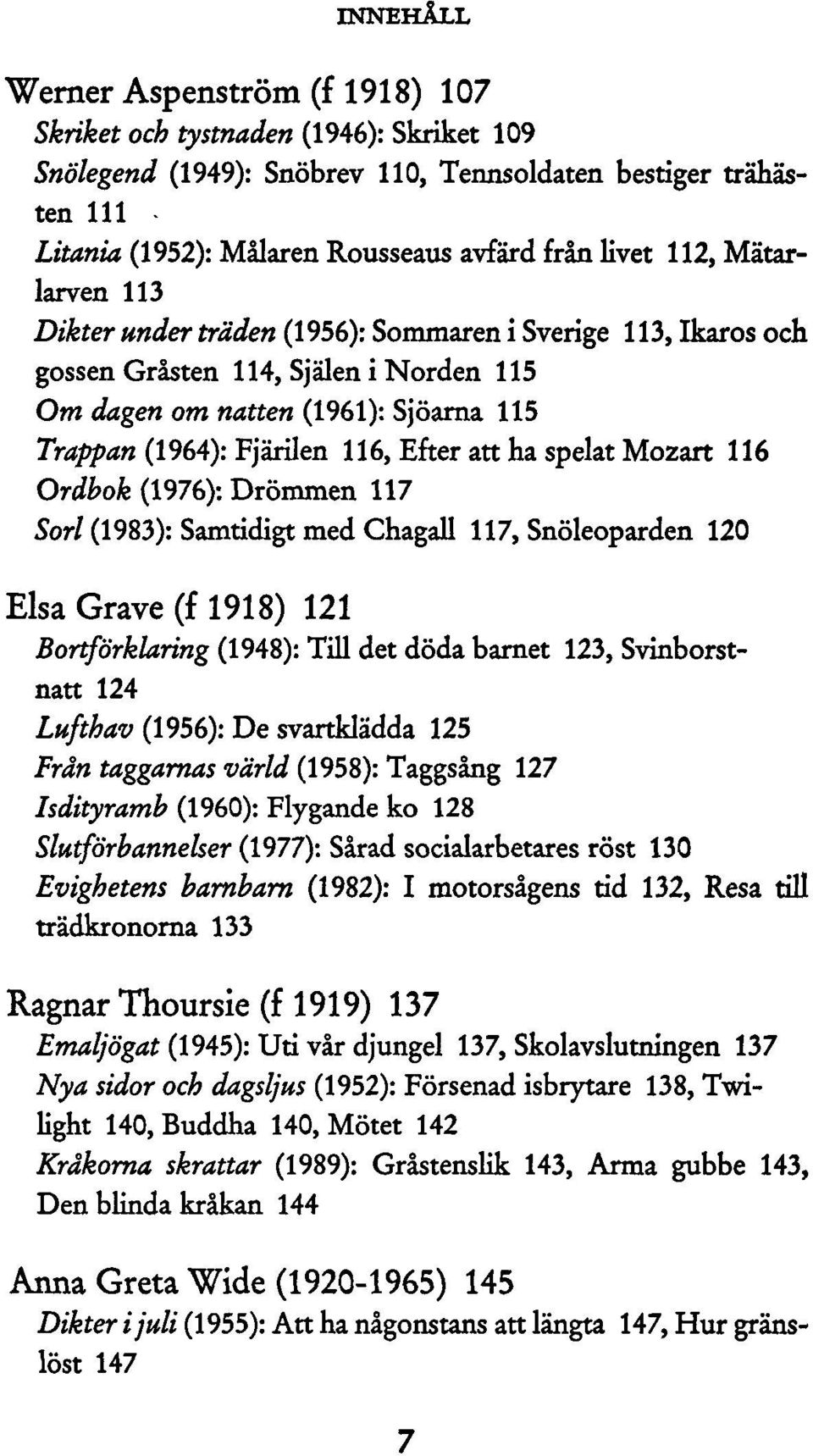 Efter att ha spelat Mozart 116 Ordbok (1976): Drömmen 117 Sorl (1983): Samtidigt med Chagall 117, Snöleoparden 120 Elsa Grave (f 1918) 121 Bortförklaring (1948): Till det döda barnet 123,