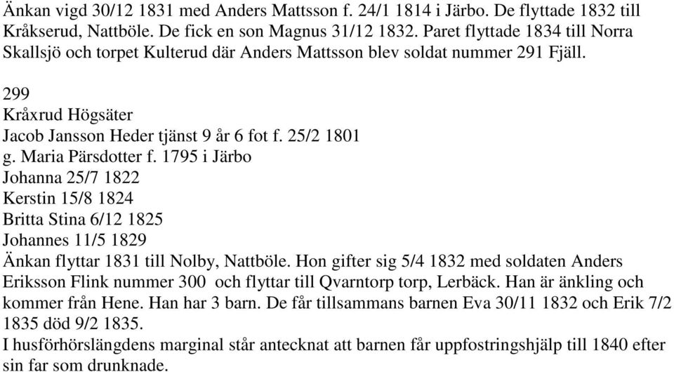 Maria Pärsdotter f. 1795 i Järbo Johanna 25/7 1822 Kerstin 15/8 1824 Britta Stina 6/12 1825 Johannes 11/5 1829 Änkan flyttar 1831 till Nolby, Nattböle.