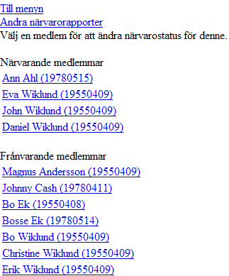 När du valt tillfälle ser du medlemmarnas namn i en lista med rubrikerna Närvarande medlemmar och Frånvarande medlemmar.