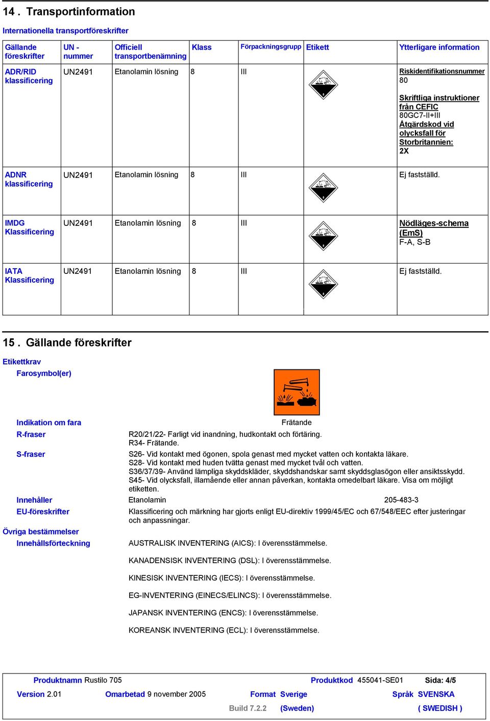 Etanolamin lösning III Ej fastställd. IMDG Klassificering UN2491 Etanolamin lösning III Nödläges-schema (EmS) F-A, S-B IATA Klassificering UN2491 Etanolamin lösning III Ej fastställd. 15.