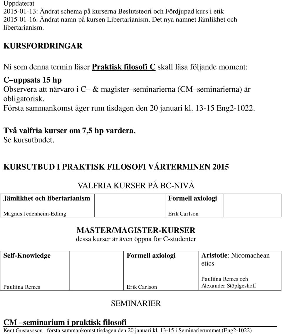 KURSUTBUD I PRAKTISK FILOSOFI VÅRTERMINEN 2015 VALFRIA KURSER PÅ BC-NIVÅ Jämlikhet och libertarianism Formell axiologi Magnus Jedenheim-Edling Erik Carlson Self-Knowledge Pauliina Remes