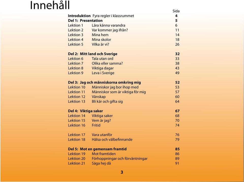38 Lektion 8 Viktiga dagar 43 Lektion 9 Leva i Sverige 49 Del 3: Jag och människorna omkring mig 52 Lektion 10 Människor jag bor ihop med 53 Lektion 11 Människor som är viktiga för mig 57 Lektion 12