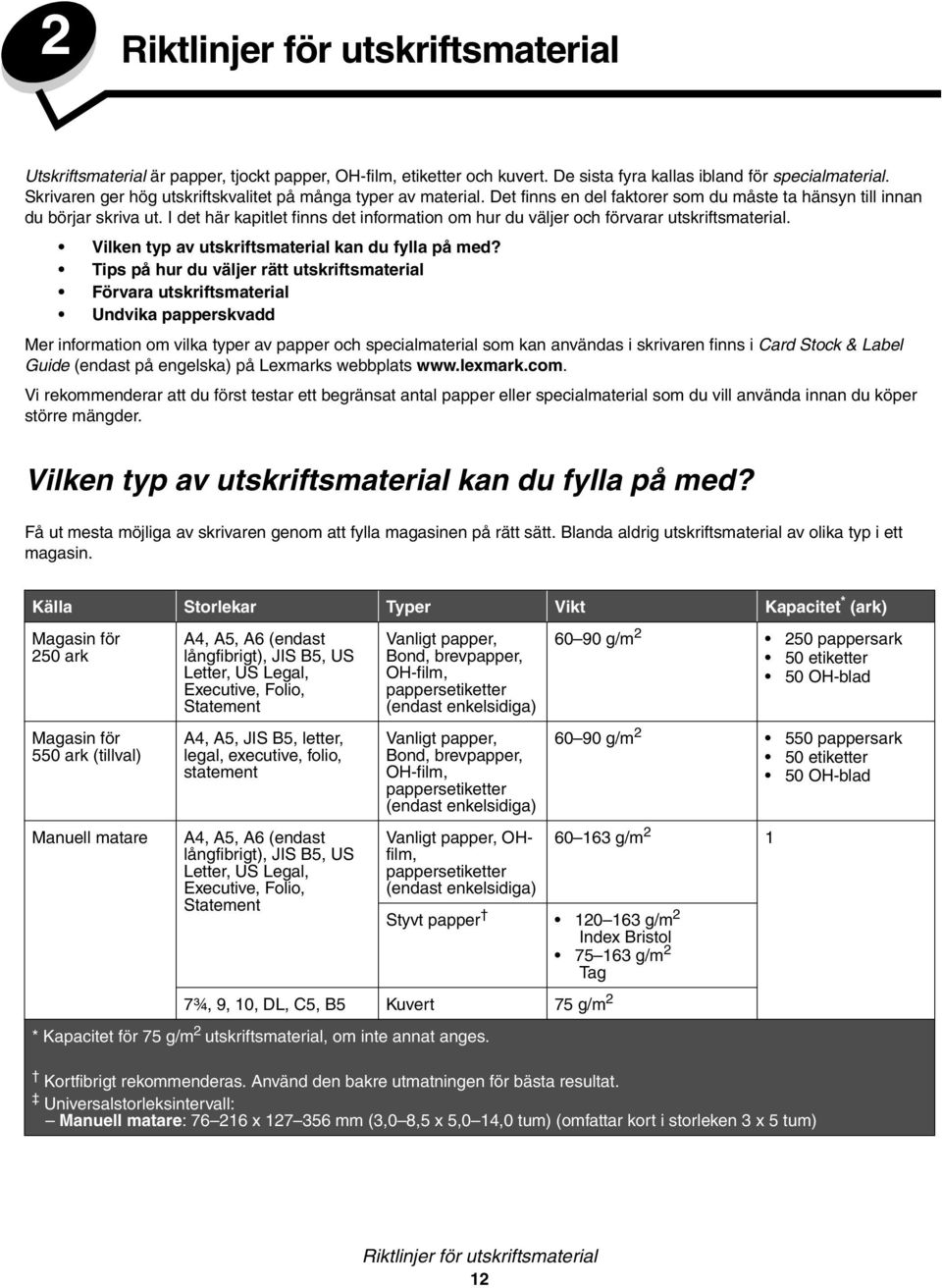 I det här kapitlet finns det information om hur du väljer och förvarar utskriftsmaterial. Vilken typ av utskriftsmaterial kan du fylla på med?