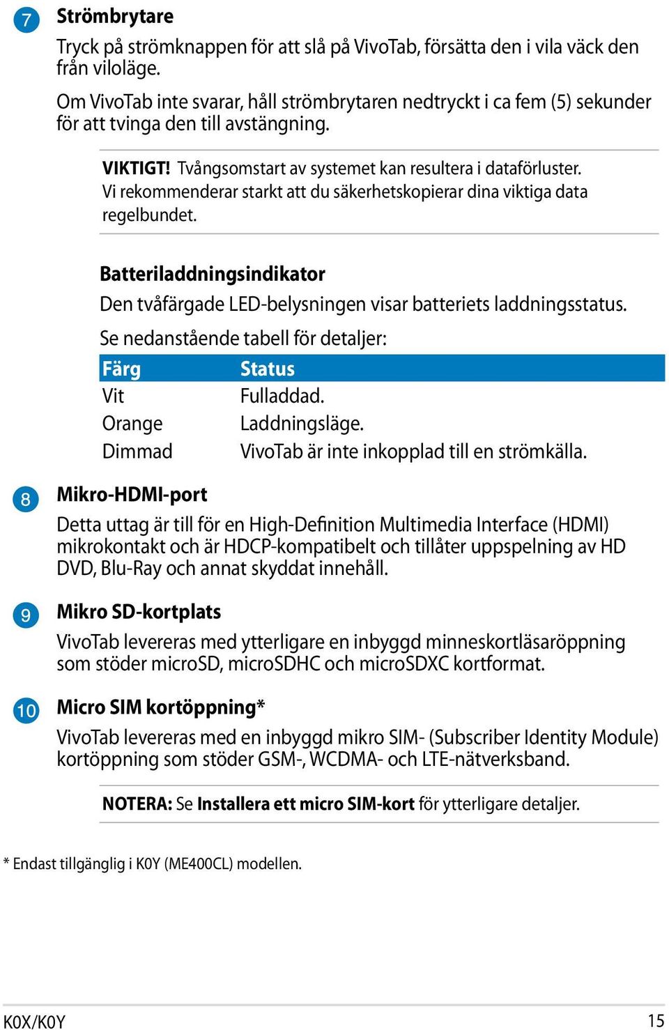 Vi rekommenderar starkt att du säkerhetskopierar dina viktiga data regelbundet. Batteriladdningsindikator Den tvåfärgade LED-belysningen visar batteriets laddningsstatus.