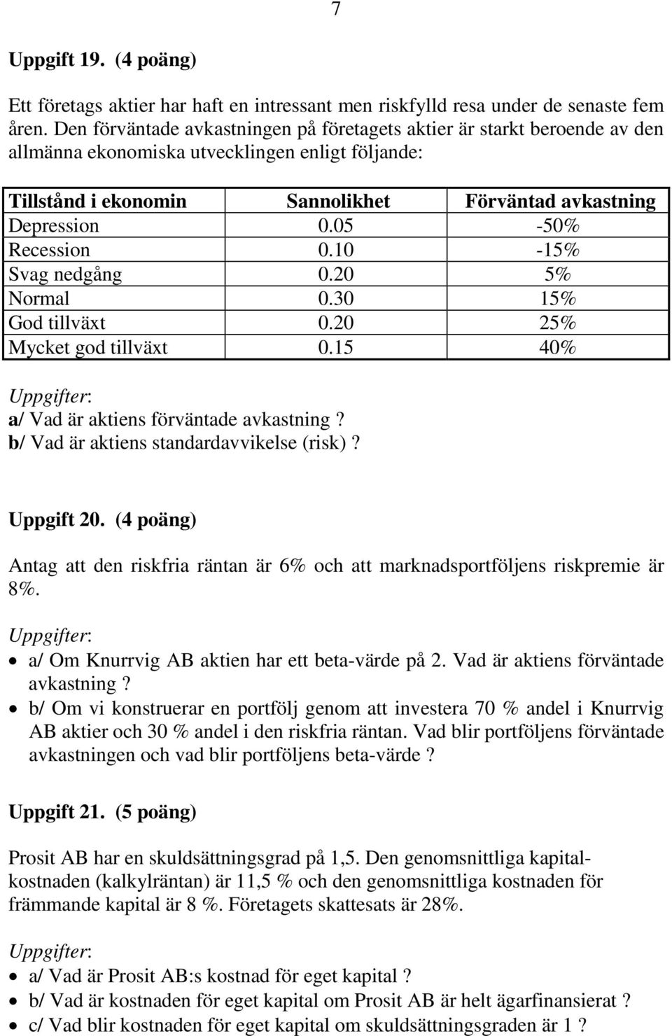 05-50% Recession 0.10-15% Svag nedgång 0.0 5% Normal 0.30 15% God tillväxt 0.0 5% Mycket god tillväxt 0.15 40% Uppgifter: a/ Vad är aktiens förväntade avkastning?