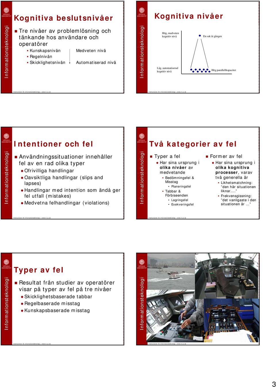 Ofrivilliga handlingar Oavsiktliga handlingar (slips and lapses) Handlingar med intention som ändå ger fel utfall (mistakes) Medvetna felhandlingar (violations) Typer a fel Har sina ursprung i olika