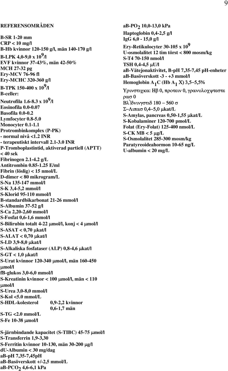 2 INR - terapeutiskt intervall 2.1-3.0 INR P-Tromboplastintid, aktiverad partiell (APTT) < 40 sek Fibrinogen 2.1-4.2 g/l Antitrombin 0.85-1.