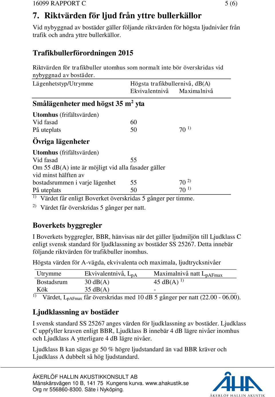 Lägenhetstyp/Utrymme Högsta trafikbullernivå, db(a) Ekvivalentnivå Maximalnivå Smålägenheter med högst 35 m 2 yta Utomhus (frifältsvärden) Vid fasad 60 På uteplats 50 70 1) Övriga lägenheter Utomhus