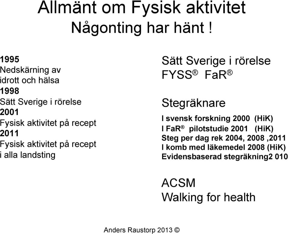 Fysisk aktivitet på recept i alla landsting Sätt Sverige i rörelse FYSS FaR Stegräknare I svensk