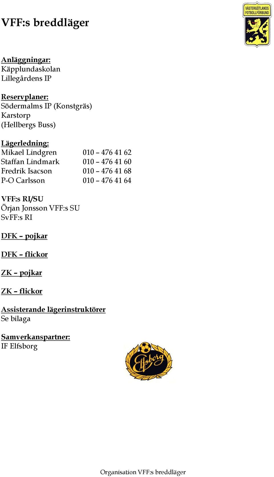 Isacson 010 476 41 68 P-O Carlsson 010 476 41 64 RI/SU Örjan Jonsson SU SvFF:s RI DFK pojkar DFK flickor