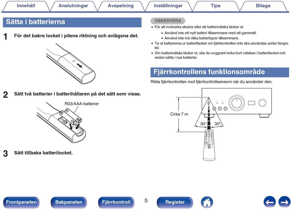 0 Använd inte två olika batterityper tillsammans. 0 Ta ut batterierna ur batterifacket om fjärrkontrollen inte ska användas under längre tid.