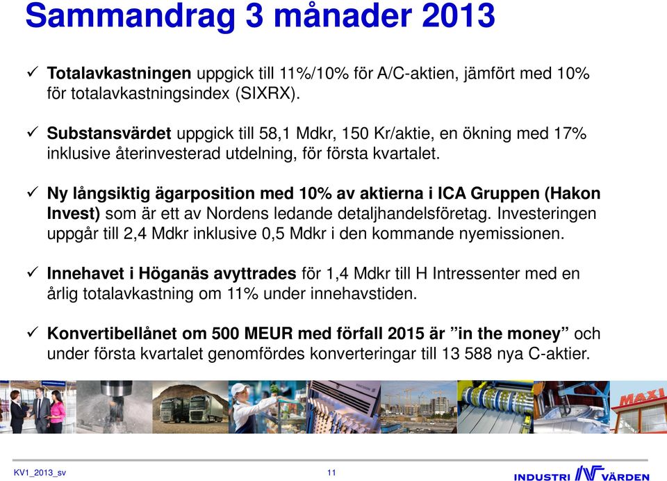 Ny långsiktig ägarposition med 10% av aktierna i ICA Gruppen (Hakon Invest) som är ett av Nordens ledande detaljhandelsföretag.