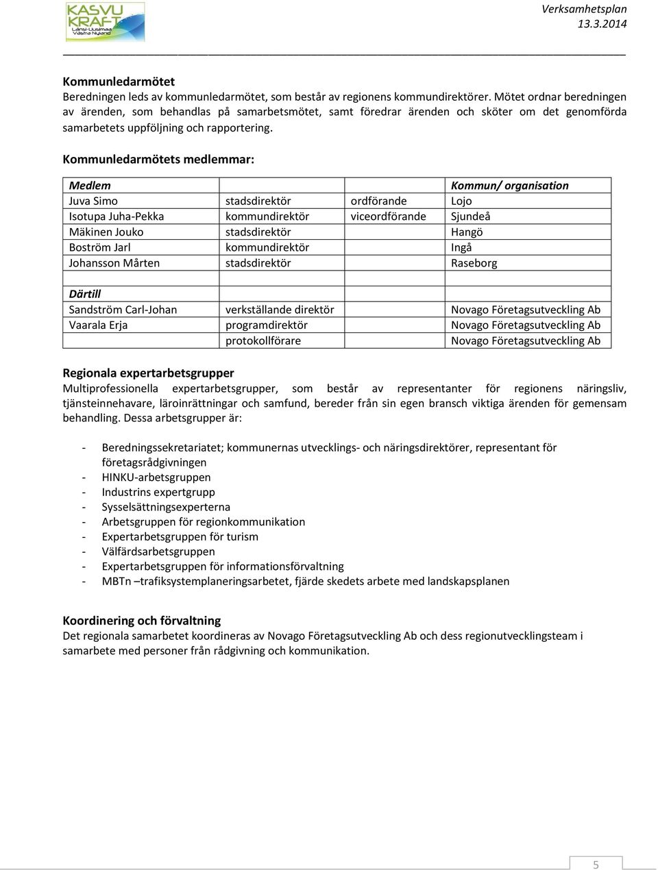 Kommunledarmötets medlemmar: Medlem Kommun/ organisation Juva Simo stadsdirektör ordförande Lojo Isotupa Juha-Pekka kommundirektör viceordförande Sjundeå Mäkinen Jouko stadsdirektör Hangö Boström