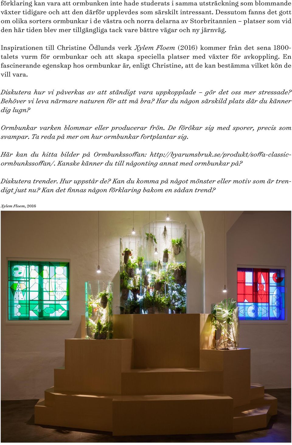 Inspirationen till Christine Ödlunds verk Xylem Floem (2016) kommer från det sena 1800- talets vurm för ormbunkar och att skapa speciella platser med växter för avkoppling.
