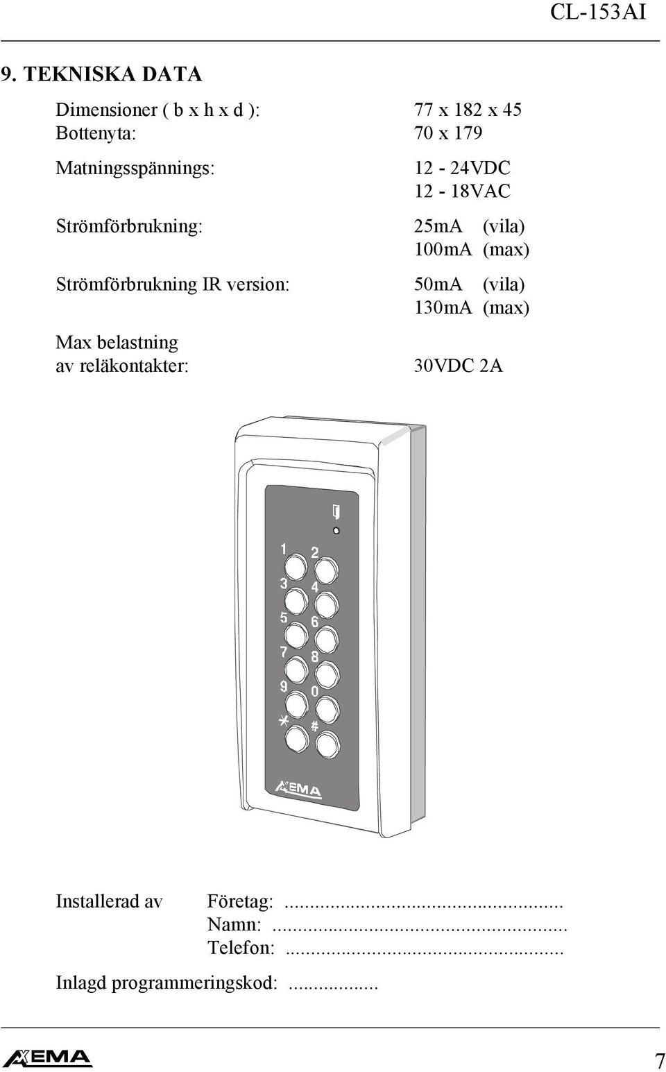 Strömförbrukning IR version: 50mA (vila) 130mA (max) Max belastning av