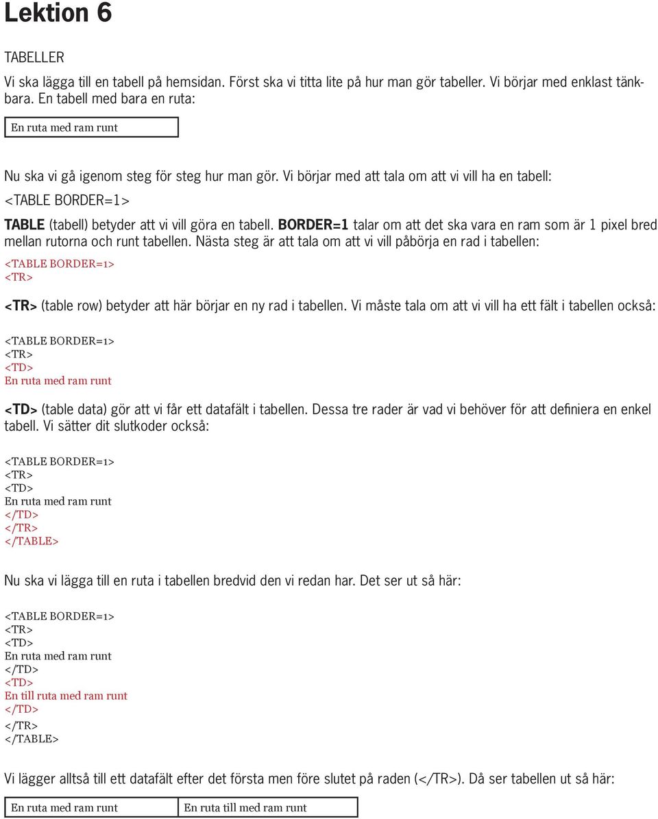 Vi börjar med att tala om att vi vill ha en tabell: <TABLE BORDER=1> TABLE (tabell) betyder att vi vill göra en tabell.