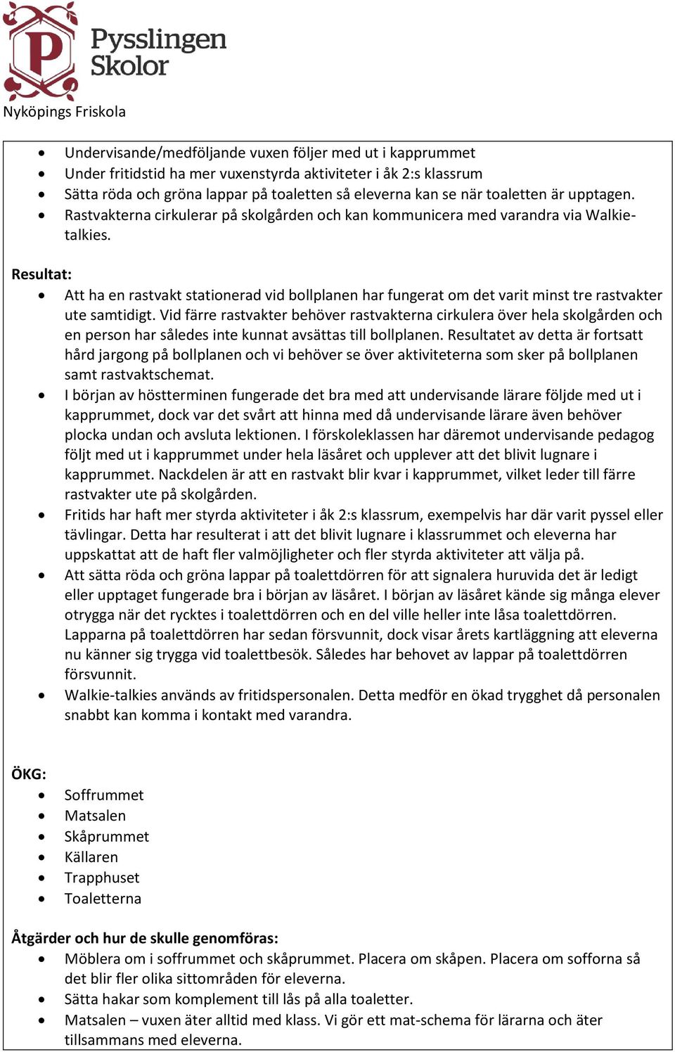 Resultat: Att ha en rastvakt stationerad vid bollplanen har fungerat om det varit minst tre rastvakter ute samtidigt.