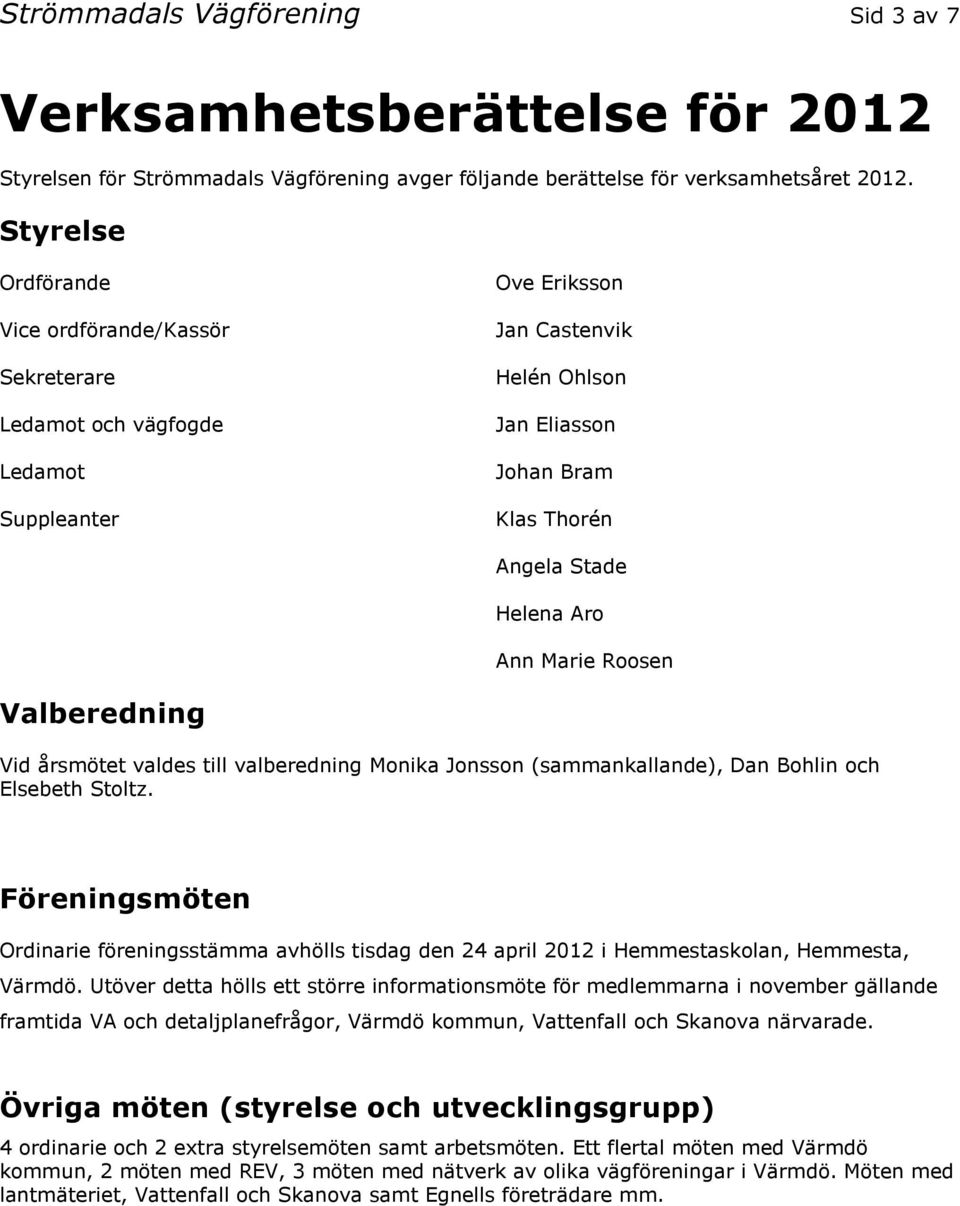 Marie Roosen Valberedning Vid årsmötet valdes till valberedning Monika Jonsson (sammankallande), Dan Bohlin och Elsebeth Stoltz.