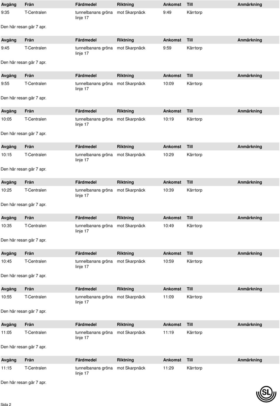 gröna mot Skarpnäck 10:39 Kärrtorp 10:35 T-Centralen tunnelbanans gröna mot Skarpnäck 10:49 Kärrtorp 10:45 T-Centralen tunnelbanans gröna mot Skarpnäck 10:59 Kärrtorp 10:55