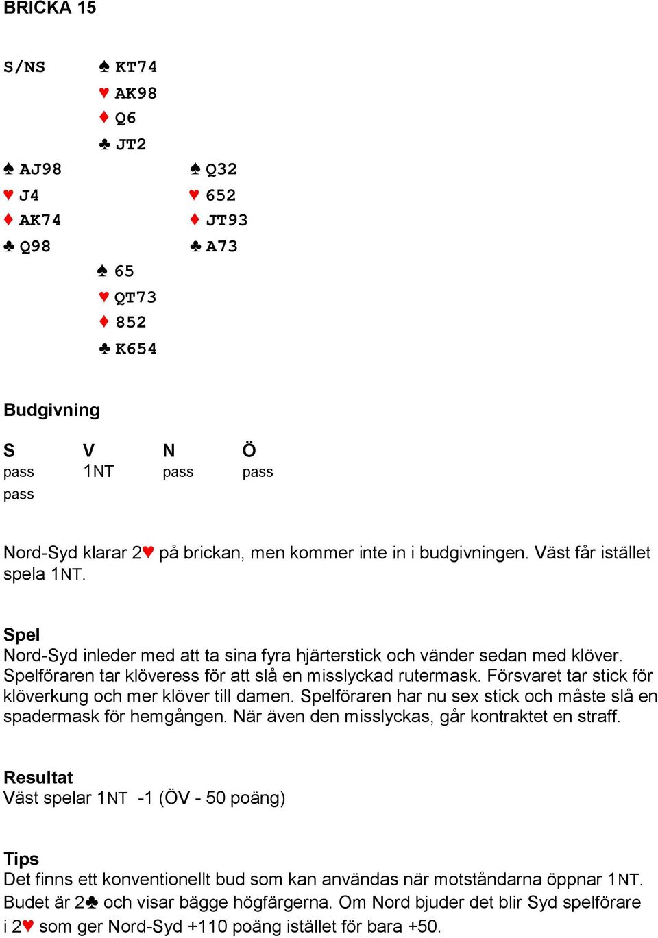 Försvaret tar stick för klöverkung och mer klöver till damen. föraren har nu sex stick och måste slå en spadermask för hemgången. När även den misslyckas, går kontraktet en straff.