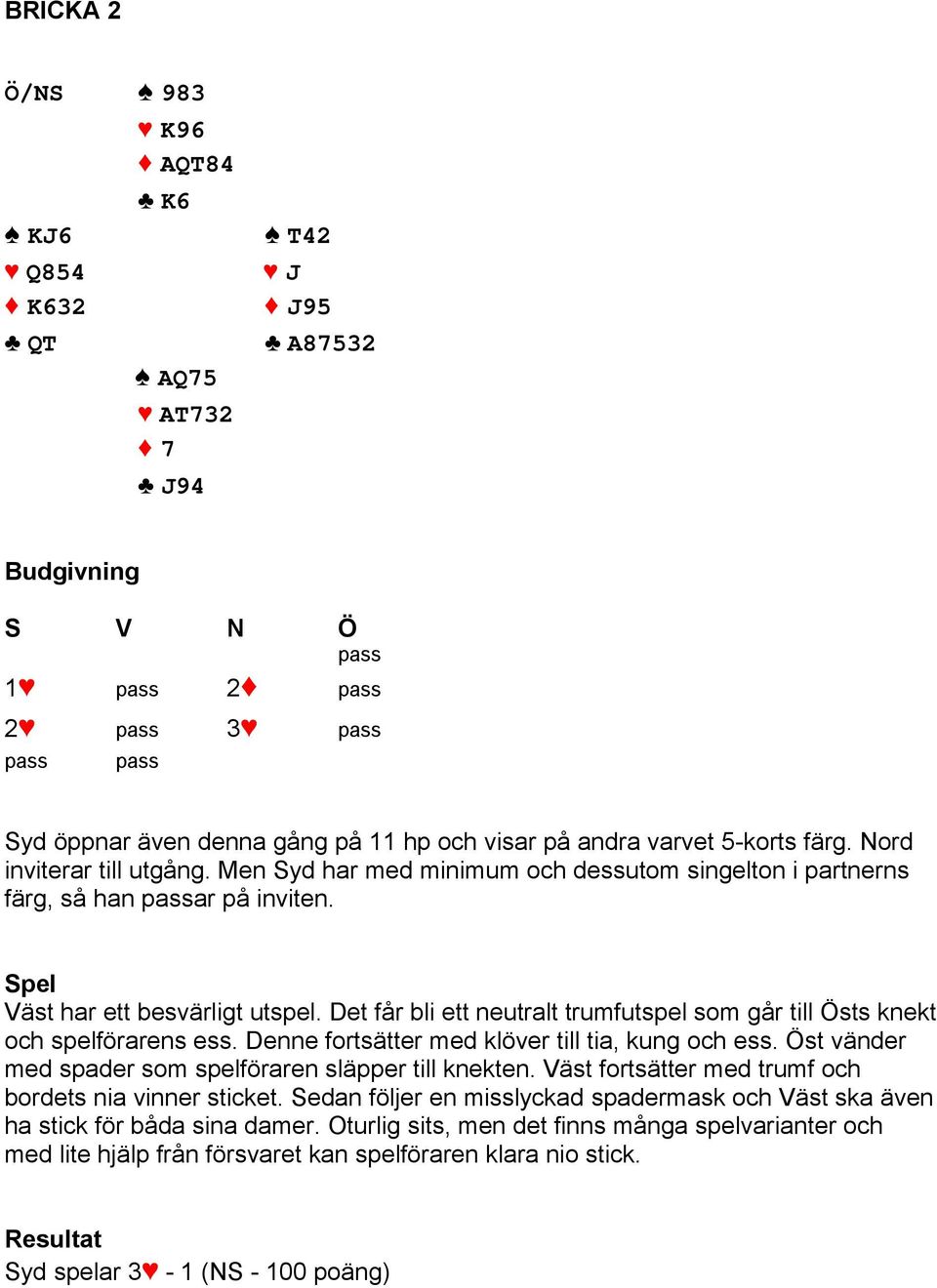 Det får bli ett neutralt trumfutspel som går till Östs knekt och spelförarens ess. Denne fortsätter med klöver till tia, kung och ess. Öst vänder med spader som spelföraren släpper till knekten.