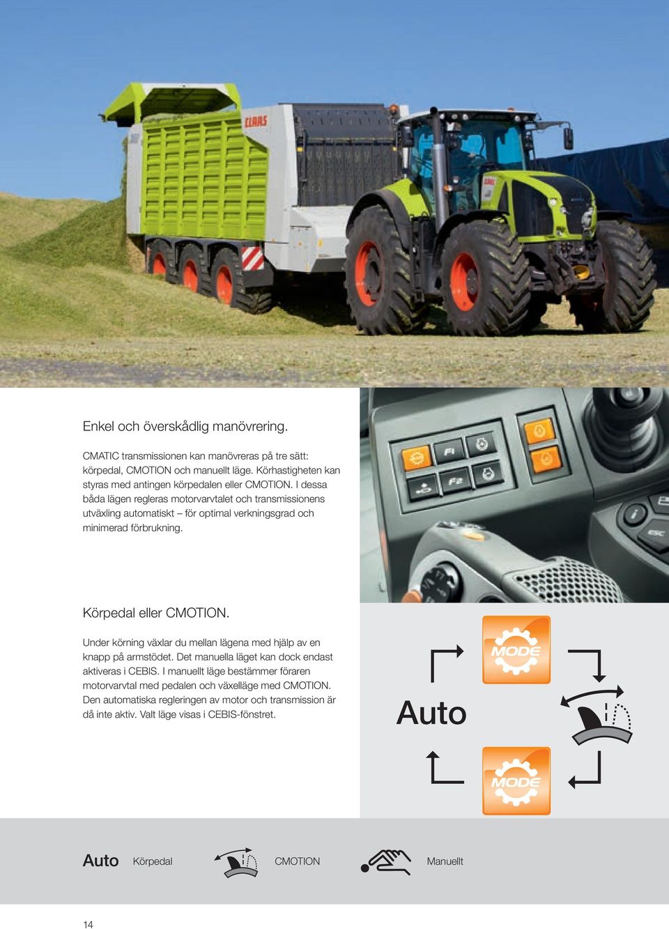 I dessa båda lägen regleras motorvarvtalet och transmissionens utväxling automatiskt för optimal verkningsgrad och minimerad förbrukning. Körpedal eller CMOTION.