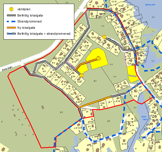 Gator och trafik Vägarna inne i bostadsområdet består i stor del av smala grusvägar som ligger på naturmark i befintlig plan.