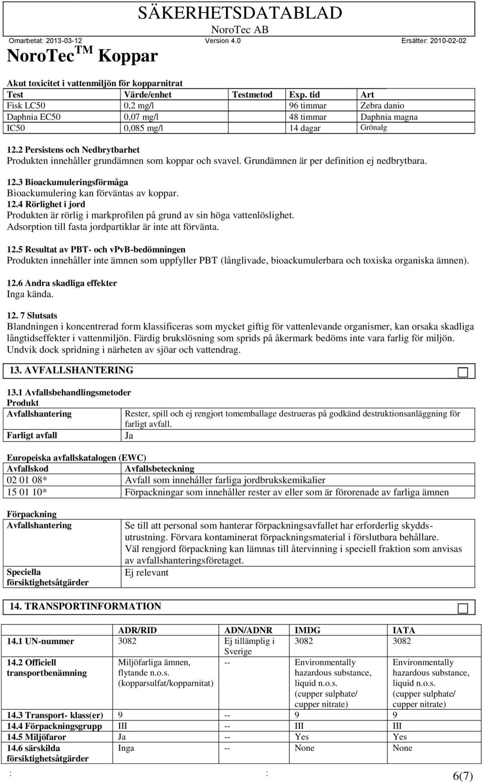 2 Persistens och Nedbrytbarhet Produkten innehåller grundämnen som koppar och svavel. Grundämnen är per definition ej nedbrytbara. 12.3 Bioackumuleringsförmåga Bioackumulering kan förväntas av koppar.
