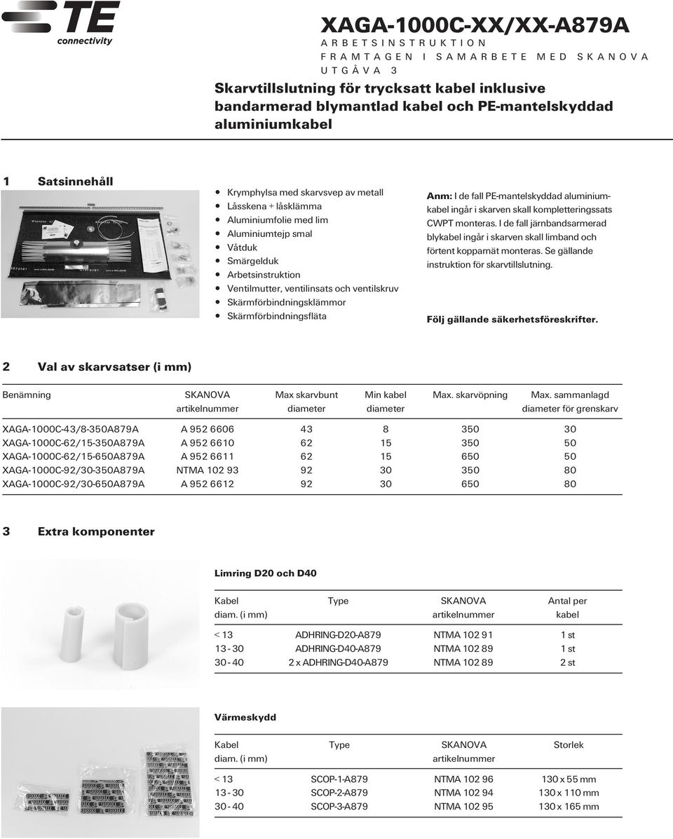 Ventilmutter, ventilinsats och ventilskruv Skärmförbindningsklämmor Skärmförbindningsfläta Anm: I de fall PE-mantelskyddad aluminiumkabel ingår i skarven skall kompletteringssats CWPT monteras.